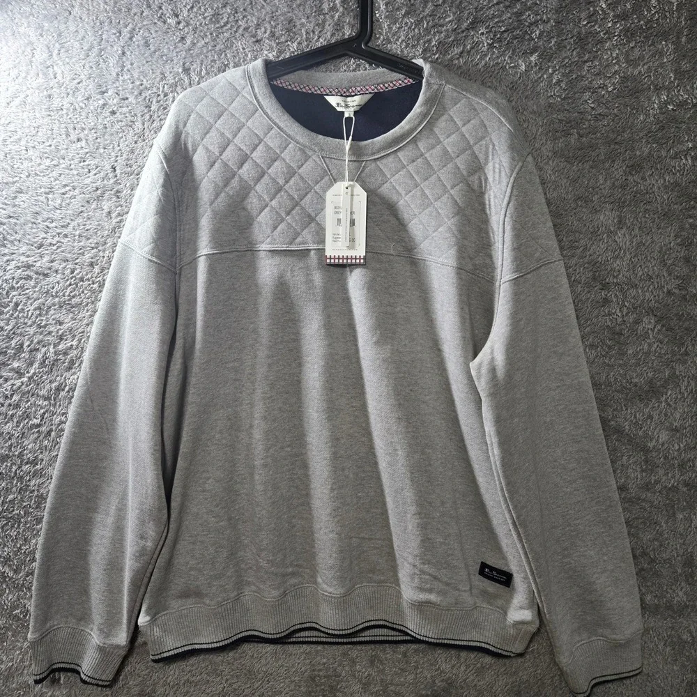 Ben Sherman Mens Quilted Yoke Sweatshirt Grey Heather Crew Neck Size L NEW